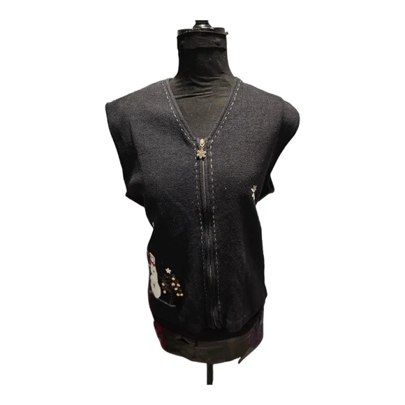 Vintage Woolrich Winter Snowman Applique zip front Vest Black Vest sz XL - Picture 4 of 12